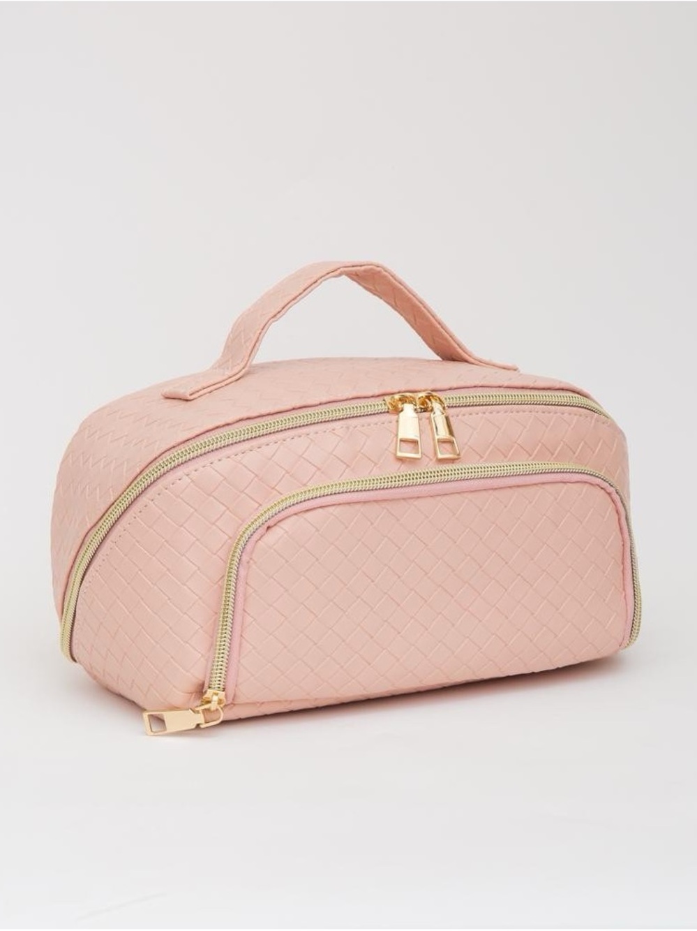 Women’s Pink Woven Travel Cosmetic Bag with Top Handle